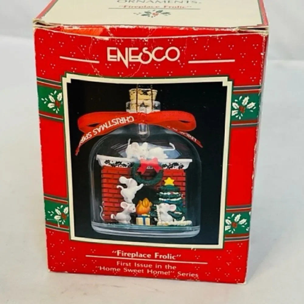 1990 1991 Enesco Mouse Mice Fireplace Frolic Christmas Ornament Home Sweet Home